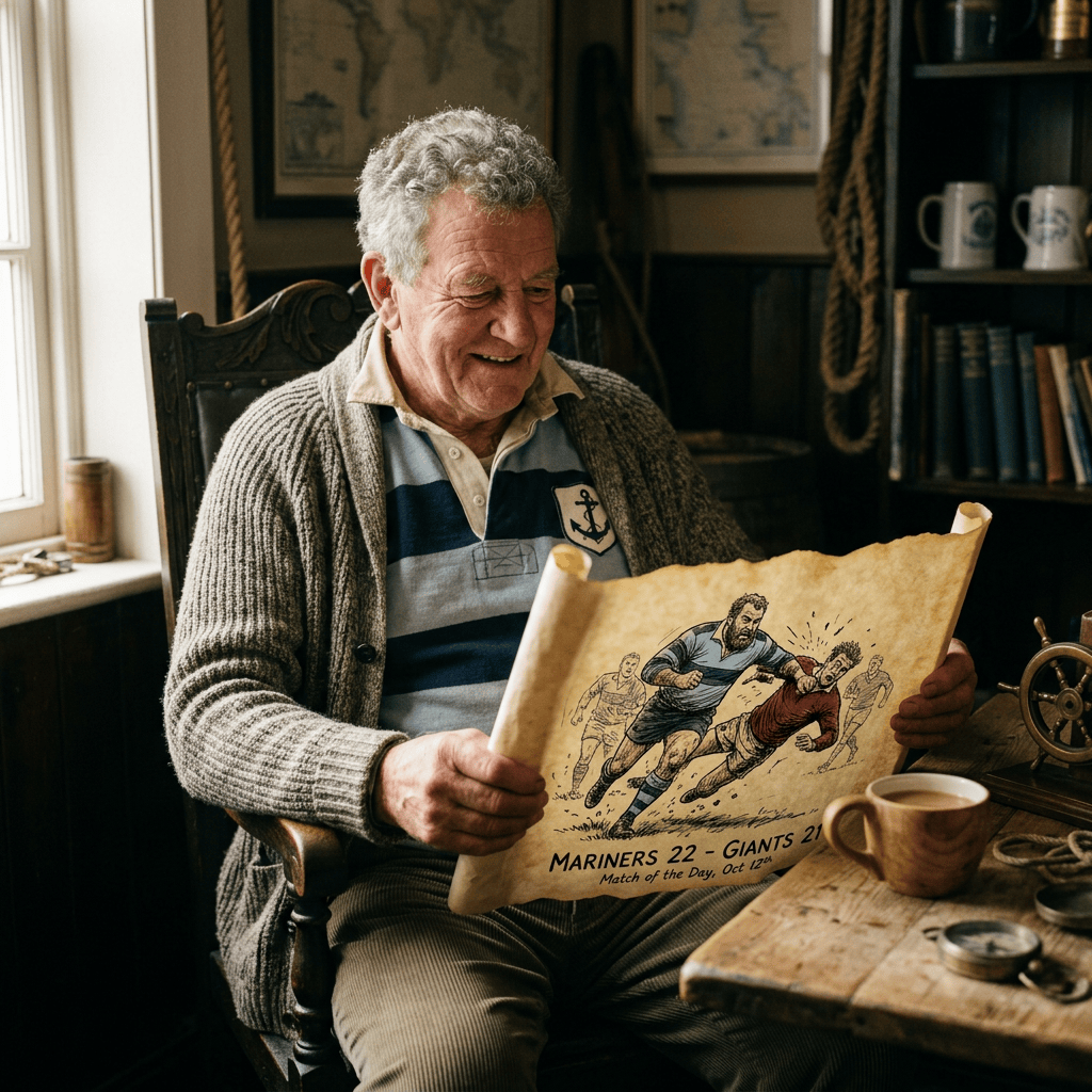 Older man holding illustrated rugby scorecard reading “MARINERS 22 - GIANTS 21”